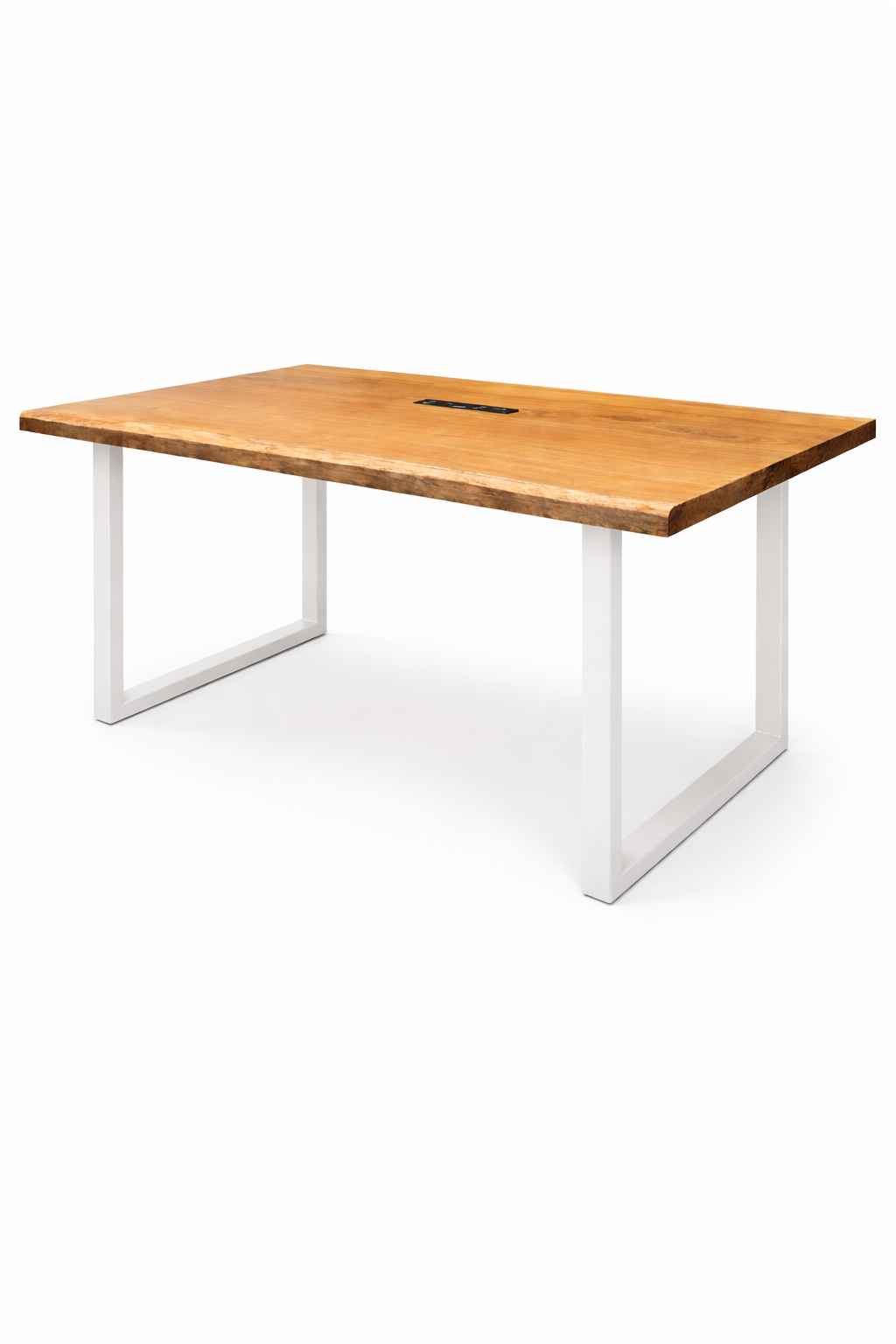 Live edge wood dining table with a natural top, white metal frame, and black power outlet.