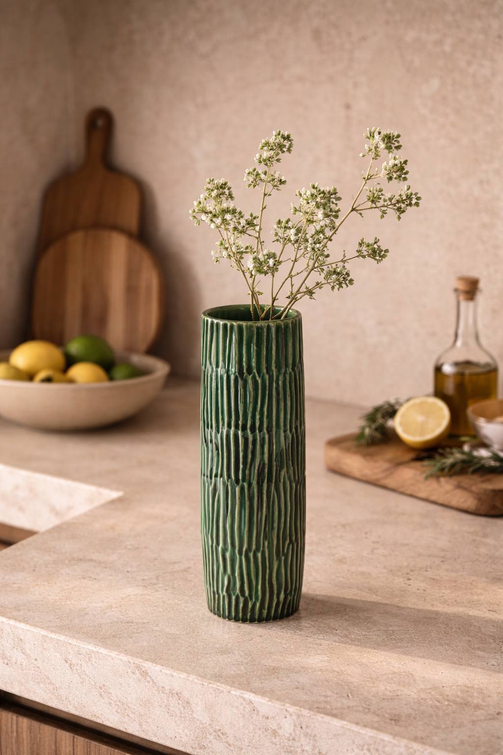 Green Verde Lanza vase with a textured, ridged surface, holding delicate white flowers on a kitchen counter.