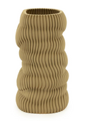 Large tan vase with a wavy, vertically ribbed texture and an undulating form.