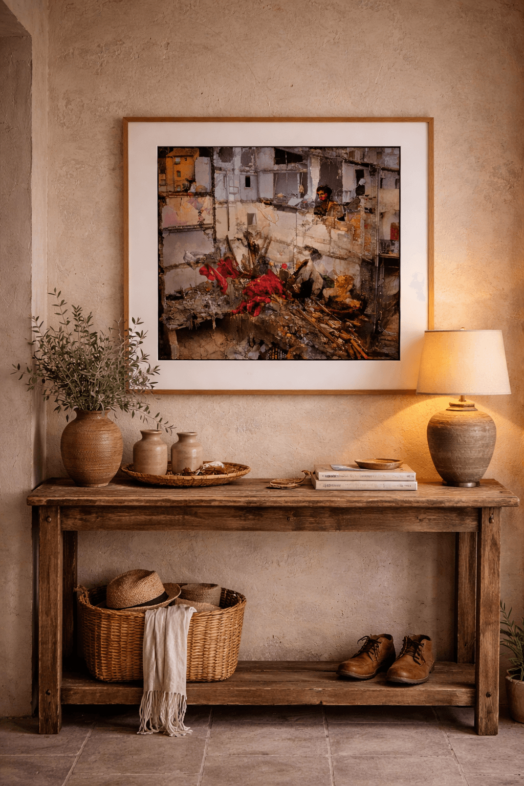 Painting depicting ruins of buildings with red fabrics and a person by Manuel Cohen, framed in wood over a rustic table.