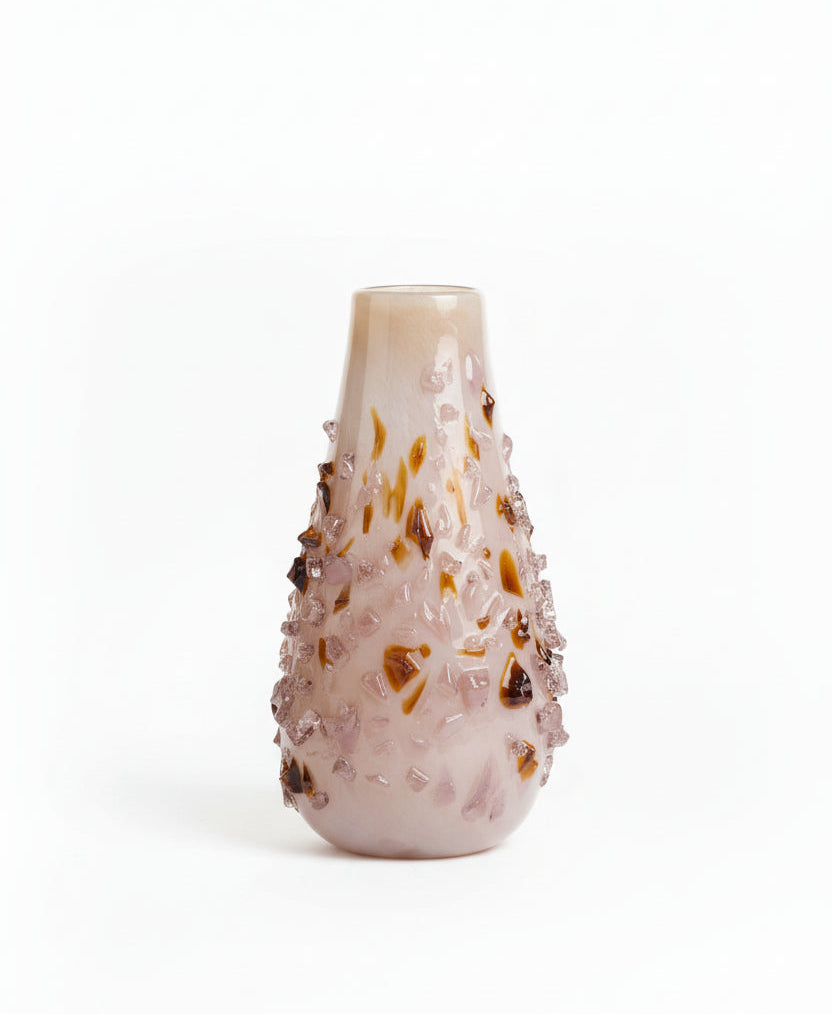 Quartz vase by Object and Story, decorated with applied clear and brown glass fragments.