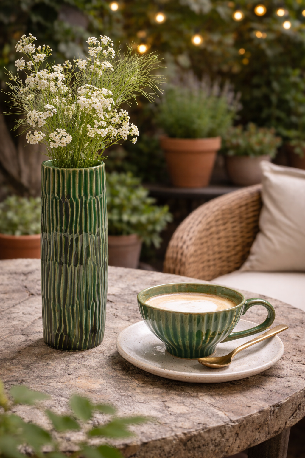 Green ribbed cappuccino cup by Verde Lanza on a saucer with a gold spoon, next to a vase of white flowers on a stone table in a garden.