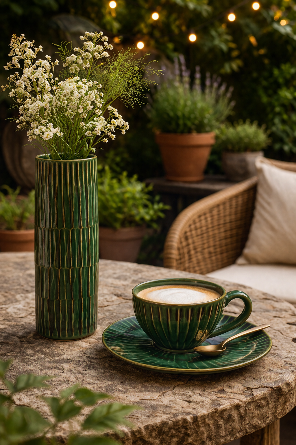 Green ribbed cappuccino mug and saucer set with a golden spoon on a rustic stone table.