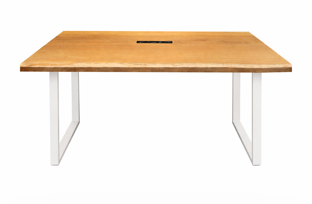 Live edge wood dining table with a white frame, featuring natural wood grain, white U-shaped metal legs, and a black integrated power outlet.