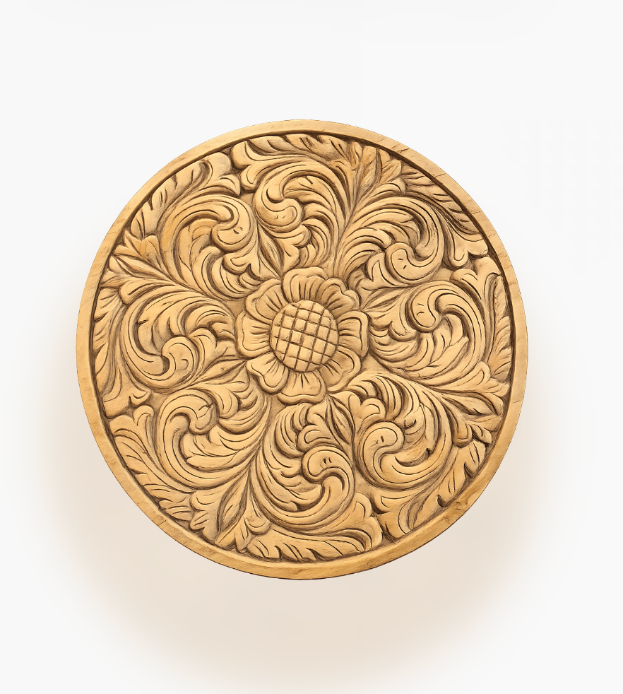 Round wood tray with intricate floral and scrollwork carving, in a natural wood tone on a white background.