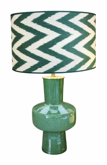 Green geometric table lamp with a glossy finish, featuring a white and green zig-zag patterned drum shade.