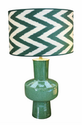 Green geometric table lamp with a glossy finish, featuring a white and green zig-zag patterned drum shade.