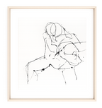 Abstract painting of embracing figures with black ink lines and splatters, set in a light wood frame.