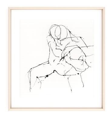 Abstract painting of embracing figures with black ink lines and splatters, set in a light wood frame.