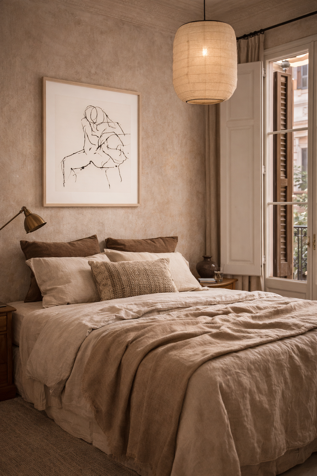 Black and white abstract line art painting of figures in a light wood frame, hung above a bed.