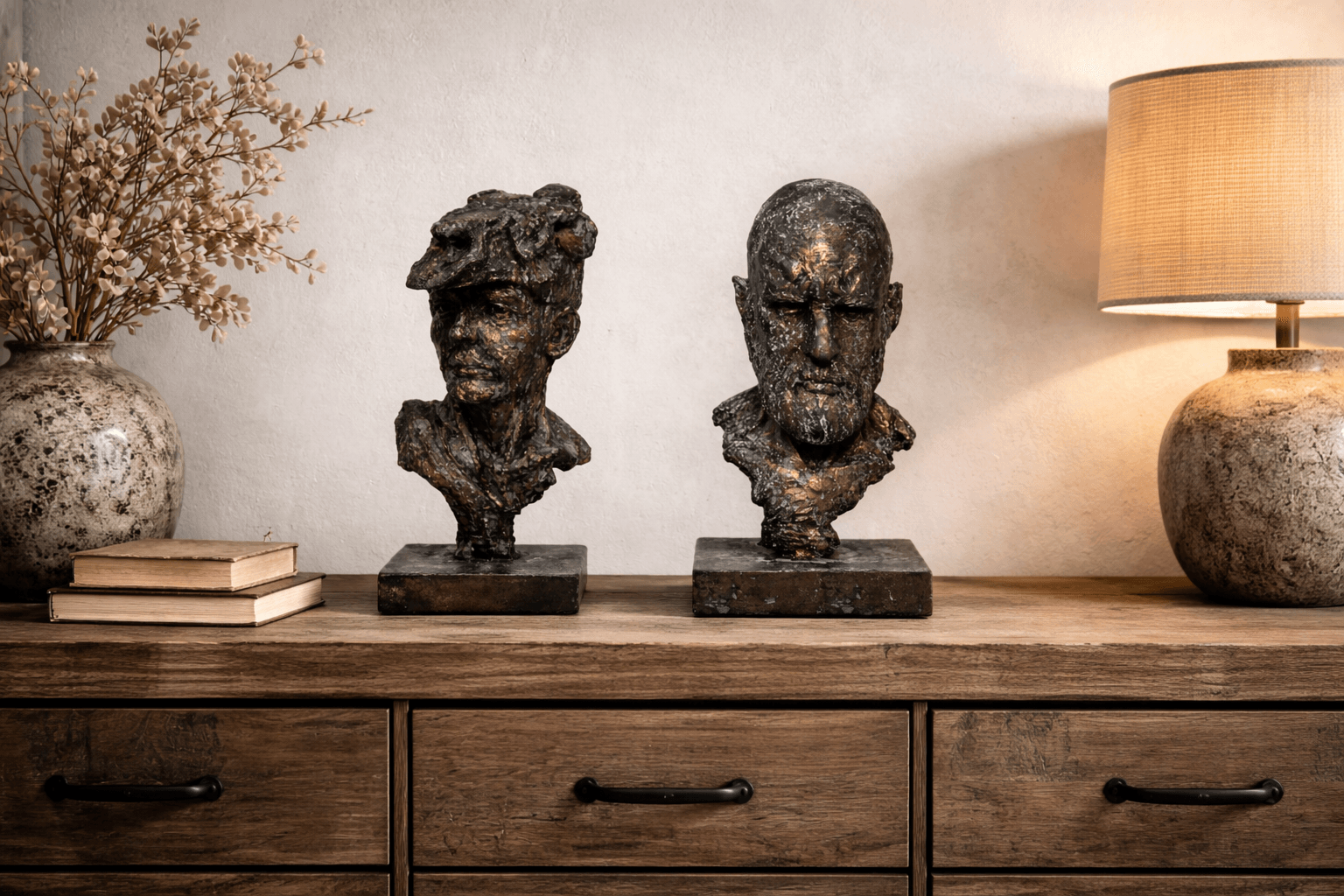 Two rustic bronze bust sculptures on wooden console table with lamp and dried flowers, decorative home accents