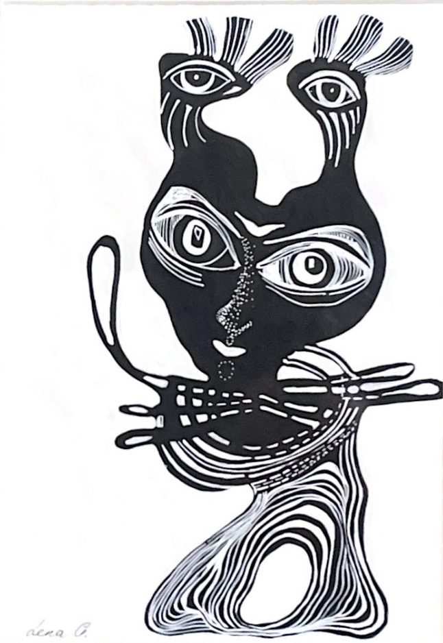 Black and white Animal Painting depicting a surreal creature with multiple eyes, flowing organic shapes, stripes, and signed 'Nena O.'