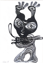 Black and white Animal Painting depicting a surreal creature with multiple eyes, flowing organic shapes, stripes, and signed 'Nena O.'