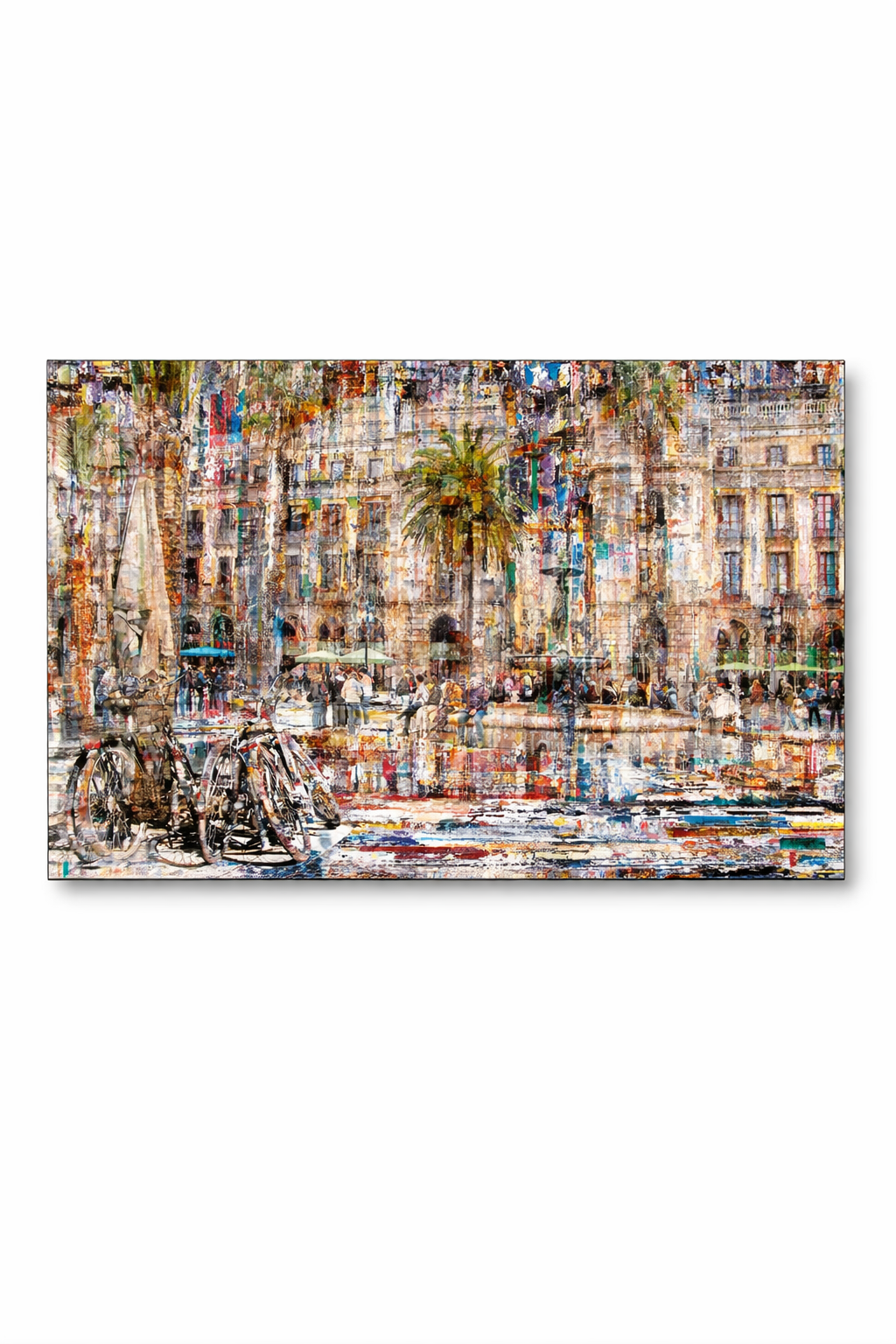 Barcelona art painting of a vibrant, abstract cityscape with buildings, a palm tree, people, and bicycles.