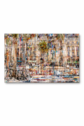Barcelona art painting of a vibrant, abstract cityscape with buildings, a palm tree, people, and bicycles.