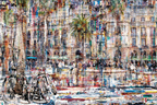 Barcelona art painting depicting a vibrant, abstract city square with historic buildings, palm trees, a fountain, people, and bicycles.