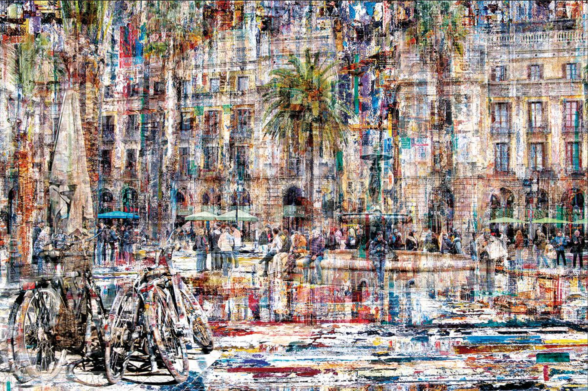 Barcelona art painting depicting a vibrant, abstract city square with historic buildings, palm trees, a fountain, people, and bicycles.