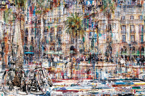 Barcelona art painting depicting a vibrant, abstract city square with historic buildings, palm trees, a fountain, people, and bicycles.