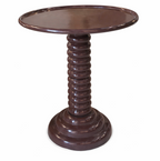 Dark brown glossy side table with a round top and stacked ring column design.