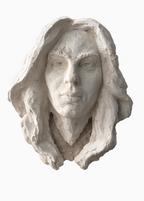 White textured sculpture by Faura Balsa of a human face with long, flowing hair and an intense expression.