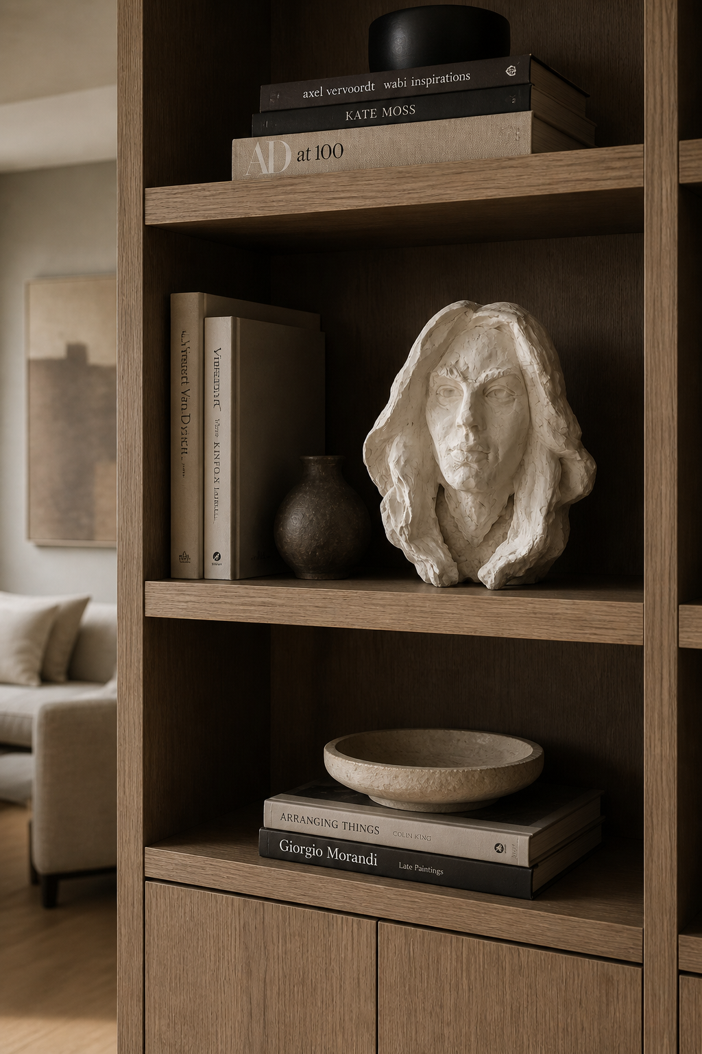 White Faura Balsa head sculpture with long, wavy hair, on a wooden shelf with books and a dark vase.