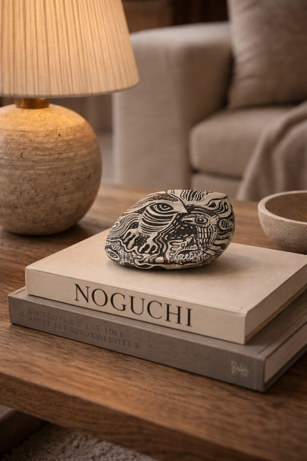 Parrot Stone Art with intricate black and white patterns, depicting an abstract creature, resting on books on a wooden table.