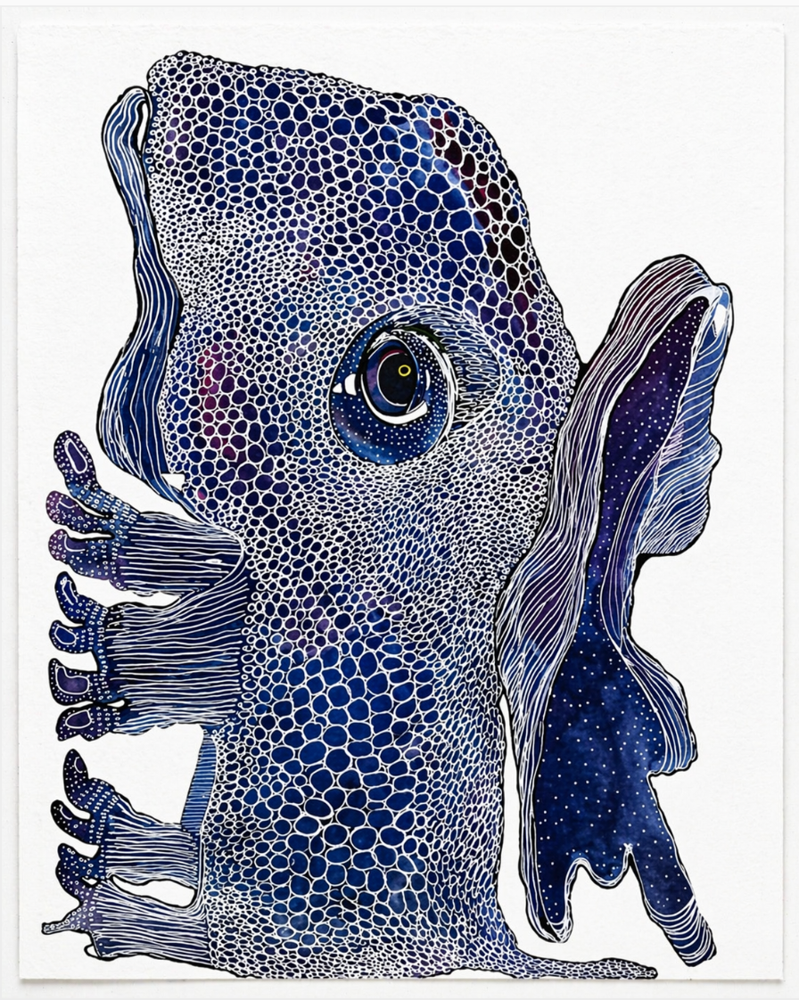 Blue Entity artwork depicting a creature with white outlined cell-like patterns, a large eye, and dark blue wavy appendages.