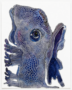 Blue Entity artwork depicting a creature with white outlined cell-like patterns, a large eye, and dark blue wavy appendages.