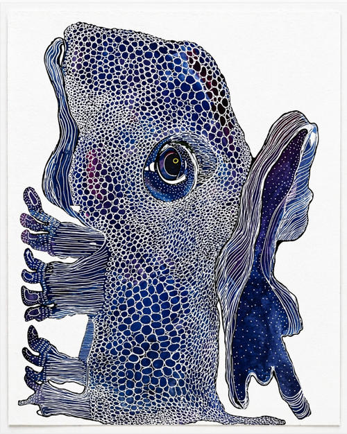 Blue Entity artwork depicting a creature with white outlined cell-like patterns, a large eye, and dark blue wavy appendages.