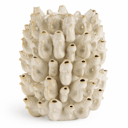 Off-white ceramic vase with a dense, organic texture of irregular, coral-like protrusions.