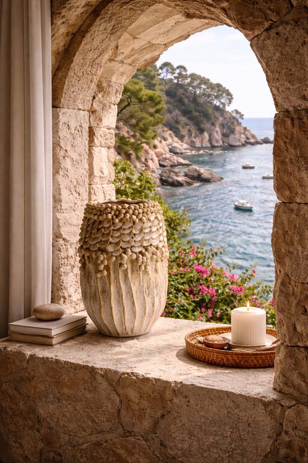 Textured beige Cahors vase with scale-like upper and ribbed lower patterns, on a stone windowsill.