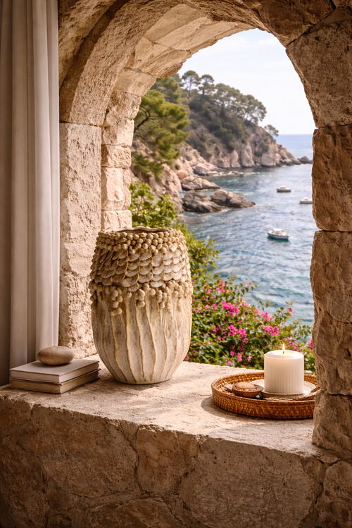 Textured beige Cahors vase with scale-like upper and ribbed lower patterns, on a stone windowsill.