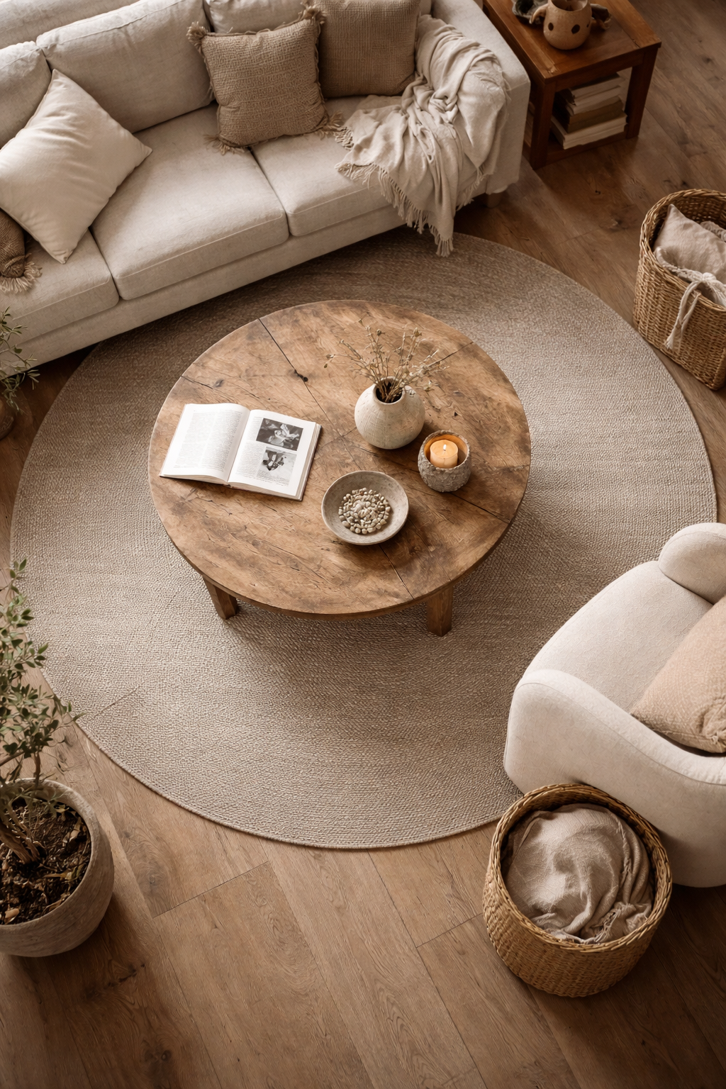 Light beige circular linen rug with a woven texture, displayed in a cozy living room.