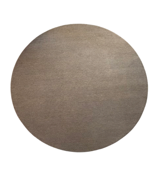 Round Cotlin Pool linen rug in muted taupe with a subtle herringbone weave.
