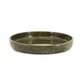 Green tray by Dime, a round and shallow dish with a marbled olive texture and glossy finish.