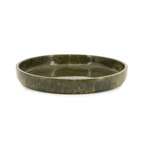 Green tray by Dime, a round and shallow dish with a marbled olive texture and glossy finish.