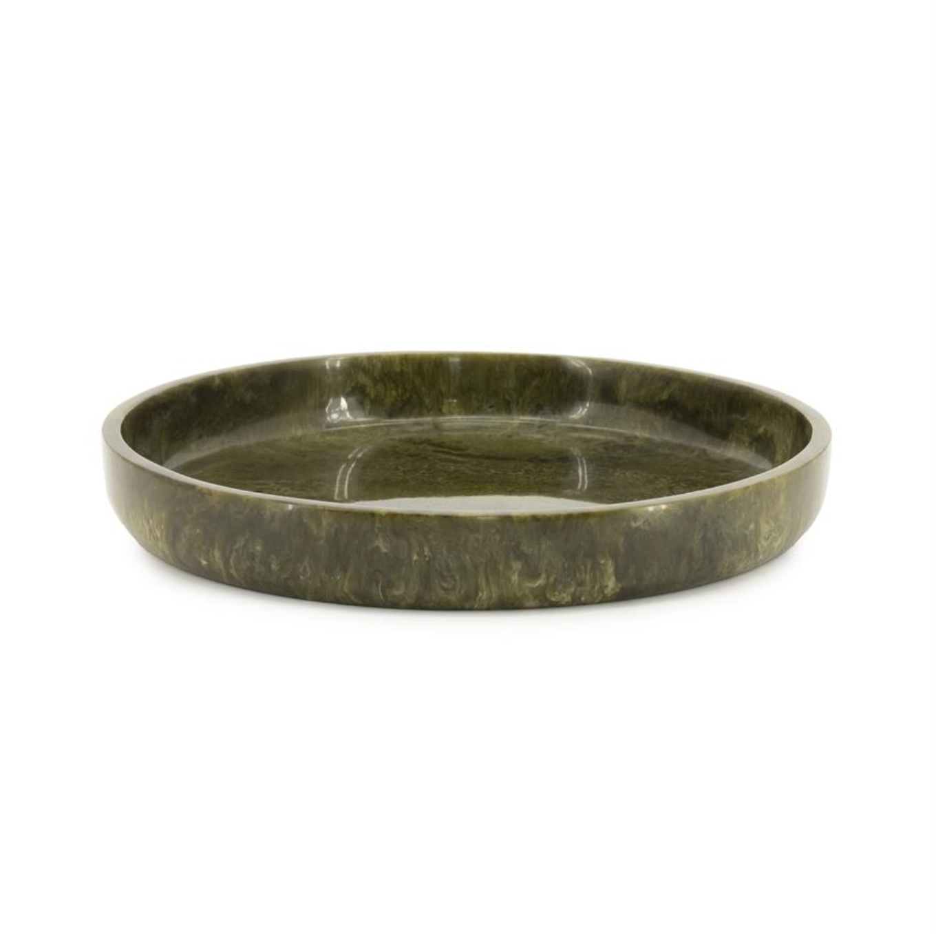 Green tray by Dime, a round and shallow dish with a marbled olive texture and glossy finish.