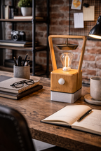 Wooden and gray base table lamp by Dossier with an exposed filament bulb and a white front control knob.