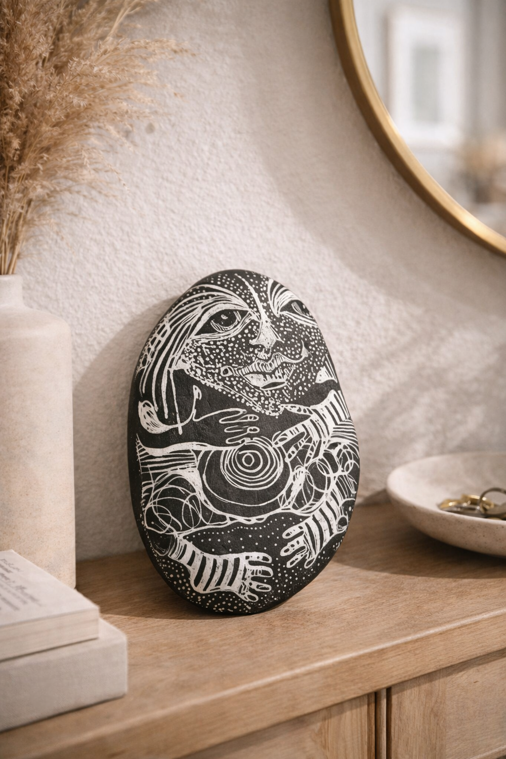Black and white art stone featuring intricate line illustrations of a face and hands, leaning upright on a wooden cabinet.