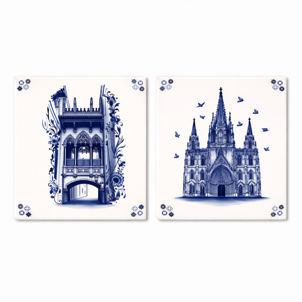 Two ceramic tiles with blue and white illustrations, one showing Pont del Bisbe and the other Barcelona Cathedral, both with floral corner details.