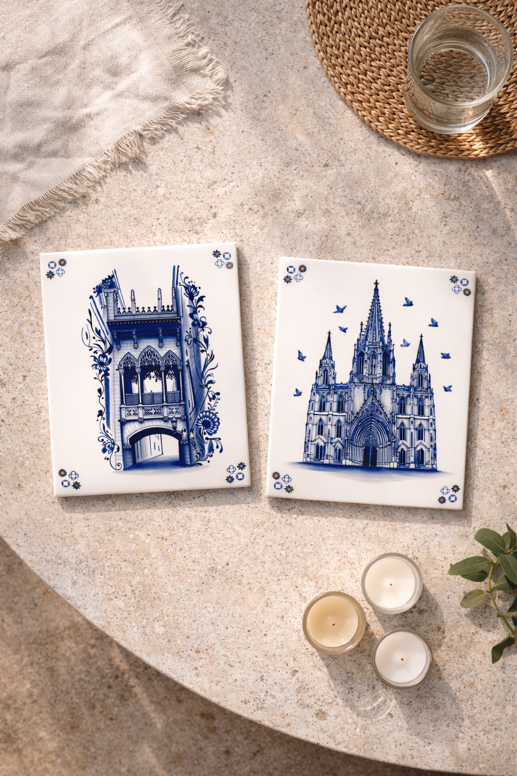 Two white ceramic tiles with blue illustrations of Barcelona architecture, one of an ornate balcony and the other a cathedral.