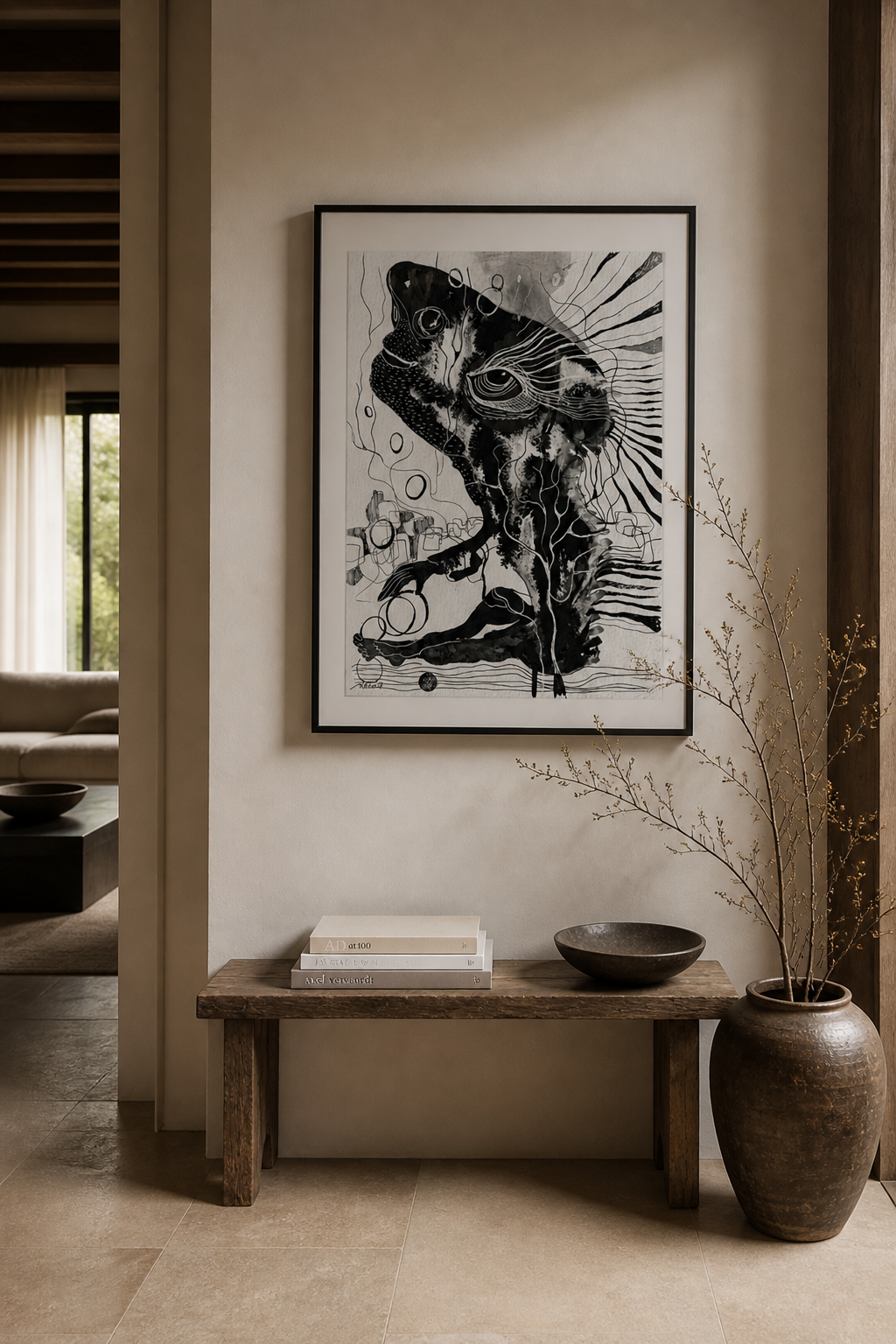 Black and white abstract art, Echoes in Black, in a black frame for home decor and art.