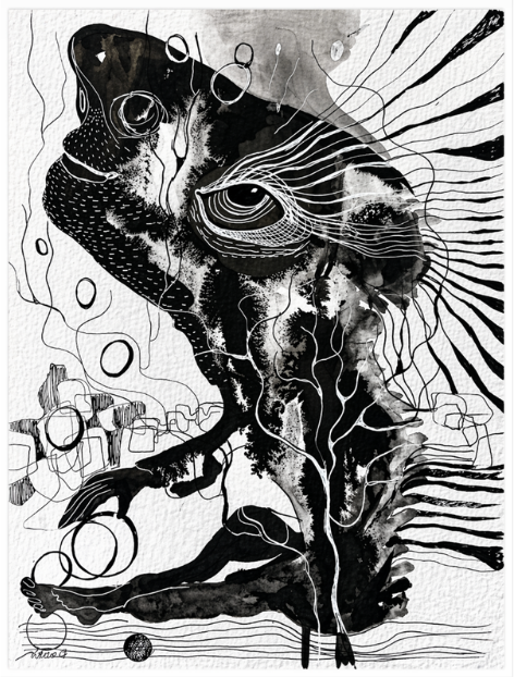Black and white abstract art painting, home decor piece Echoes in Black by artist Lena.