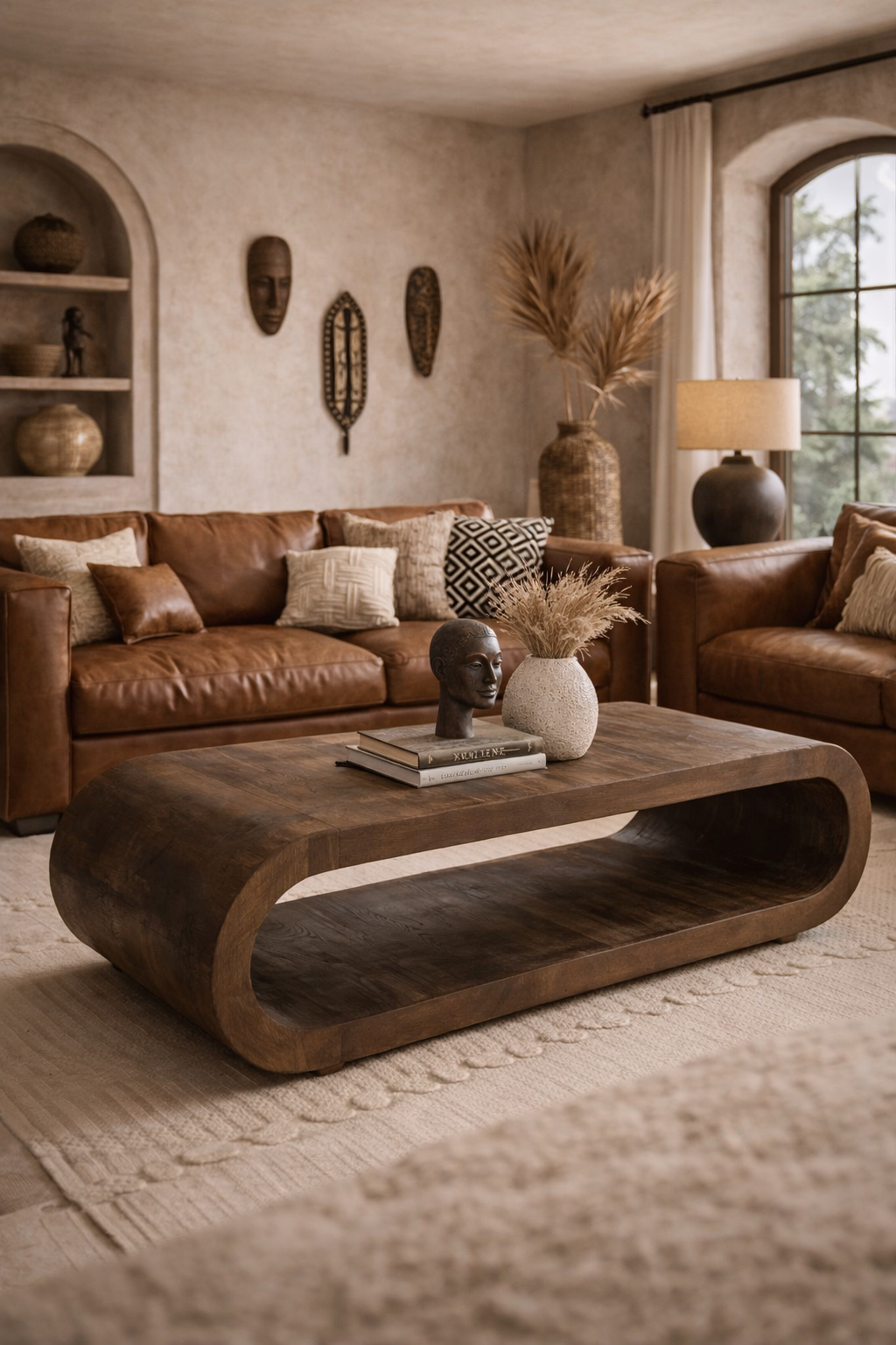 Dark wood Elora Coffee Table with a curved oblong design, displaying books and decor in a warm living room.