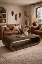 Dark wood Elora Coffee Table with a curved oblong design, displaying books and decor in a warm living room.