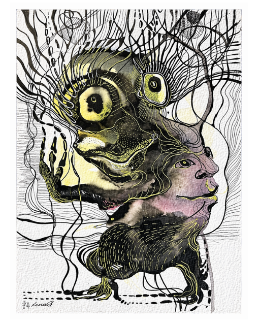 Abstract artwork featuring grotesque, intertwined faces drawn with black ink and vibrant yellow and purple watercolor.