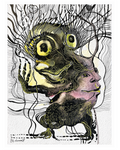 Abstract artwork featuring grotesque, intertwined faces drawn with black ink and vibrant yellow and purple watercolor.