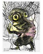 Abstract artwork featuring grotesque, intertwined faces drawn with black ink and vibrant yellow and purple watercolor.