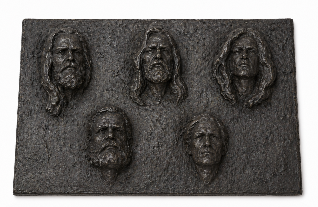 Dark metal wall sculpture with five distinct bas-relief male faces, three above two, with varied beards and long hair.