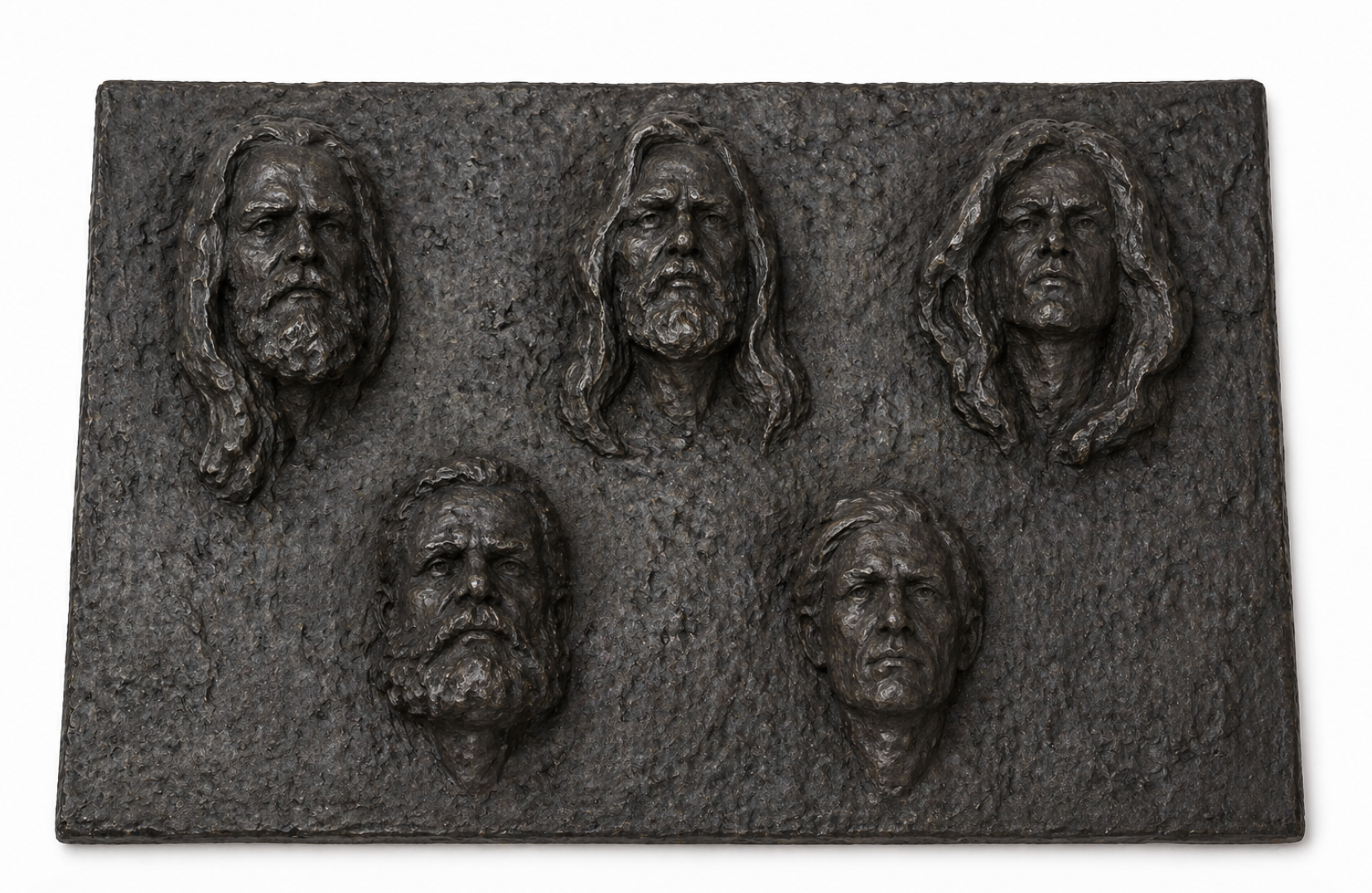 Dark metal wall sculpture with five distinct bas-relief male faces, three above two, with varied beards and long hair.